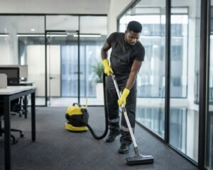 Professional cleaner performing commercial carpet cleaning in an office